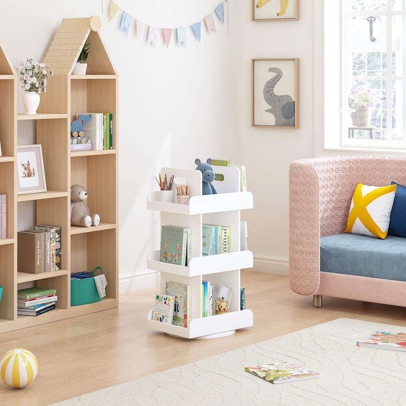 COSTARS Kids Rotating Bookshelf Tower, 3-Tier 360° Spinning Bookcase with Book Display, Revolving Storage Organizer , White