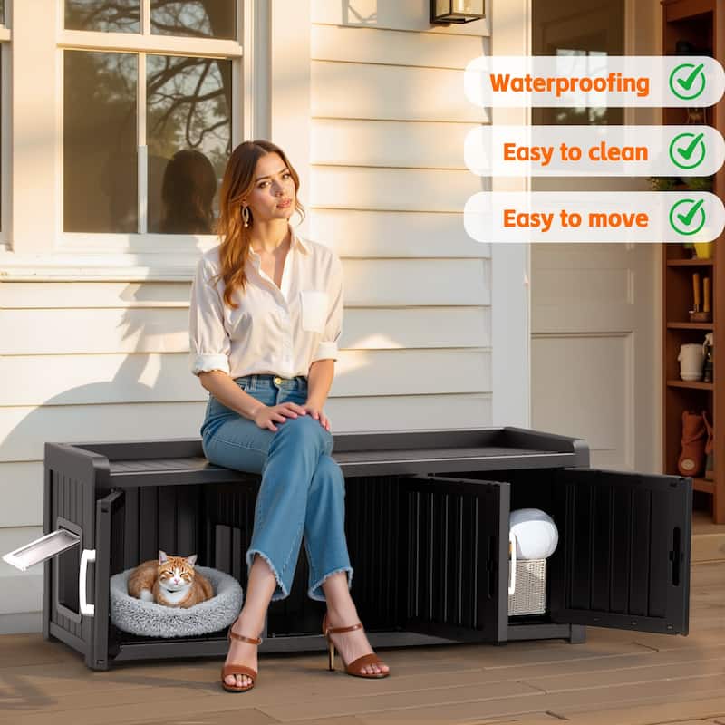 Multi-Door Cat Cabin & Storage Cabinet, Resin Shoe Rack Style Pet House with Hidden Entry