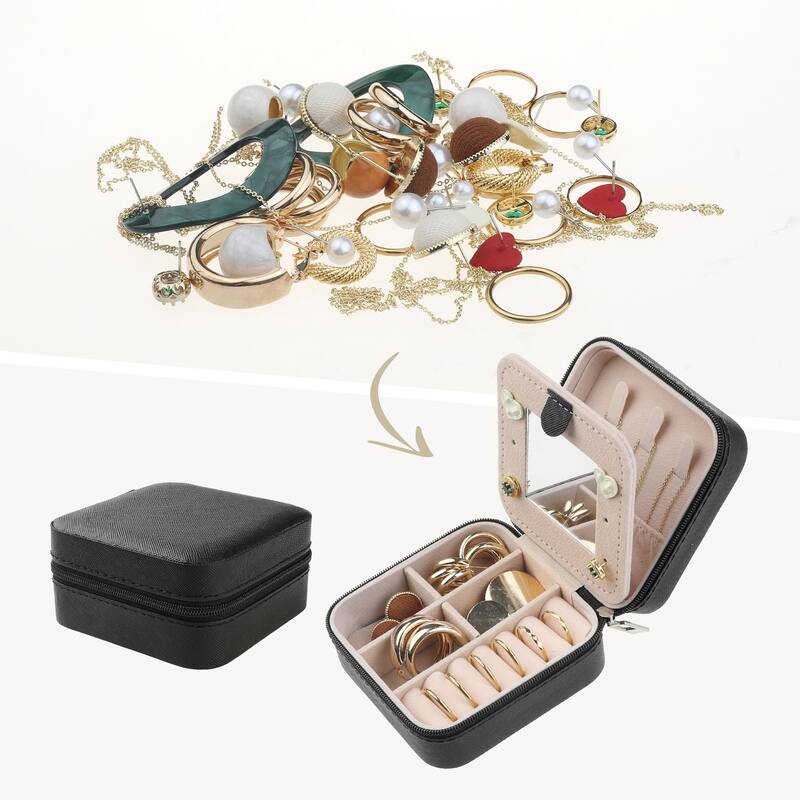 Travel Jewelry Box with Mirror, Small Portable PU Leather Jewelry Organizer Case Storage Display Holder - 10x10x5cm - Black