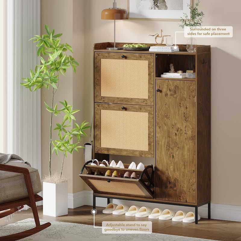 Rattan Shoe Storage Cabinet with 3 Flip Drawers - 3 Flip Drawers