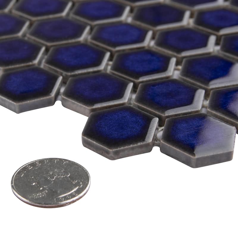 Merola Tile Tribeca 1" Hex Glossy Cobalt 10-1/4" x 11-7/8" Porcelain Floor and Wall Tile