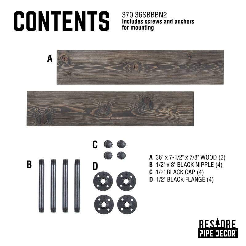 PIPE DECOR 36" Solid Wood Wall Shelves with Rustic Black Industrial Steel Pipe Brackets, Set of 2