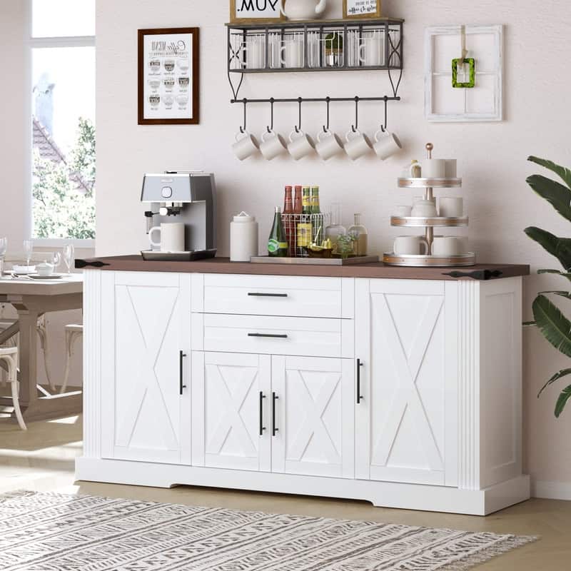 63" Farmhouse Buffet Cabinet with Storage Barn Door and Drawers for Kitchen or Dining Room Use