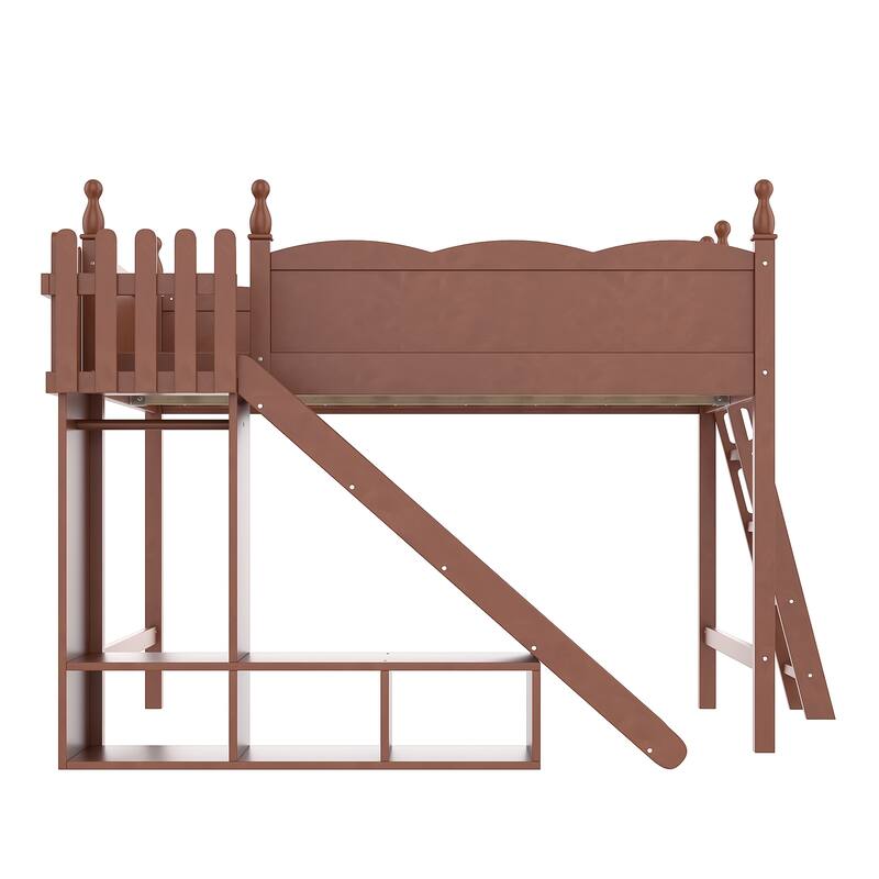 Queen Loft Bed with Storage Shelves and Wardrobe, Solid Wood Loft Beds with Detachable Slide and Ladders, No Spring Box Needed