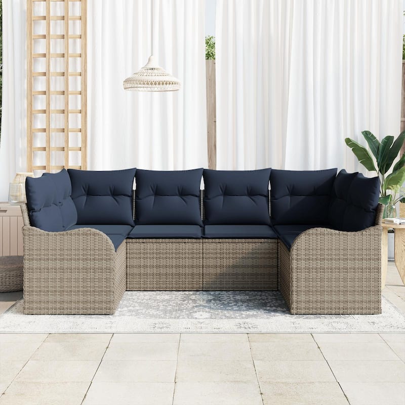 vidaXL 6 Garden Sofa Set with Cushions Black/Brown/Grey Poly Rattan - 92.1 x 48.2 x 27.2