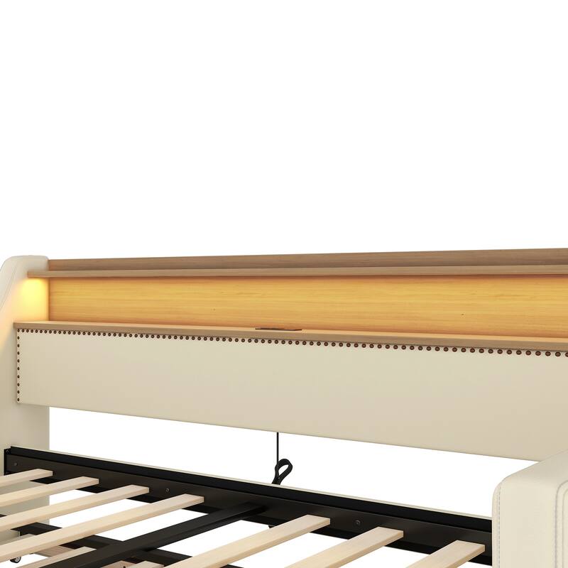 Roomfitters Upholstered Twin Daybed with Trundle, Built-in Charging Station & Lighting Headboard, Space-Saving Design