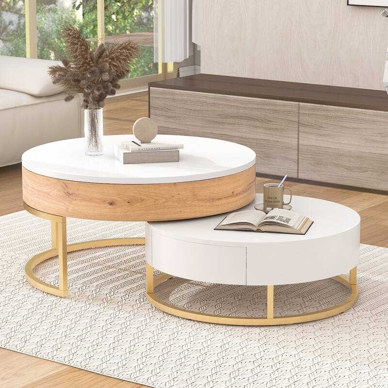 Modern Round Lift-top Nesting Coffee Tables with 2 Drawers - Natural