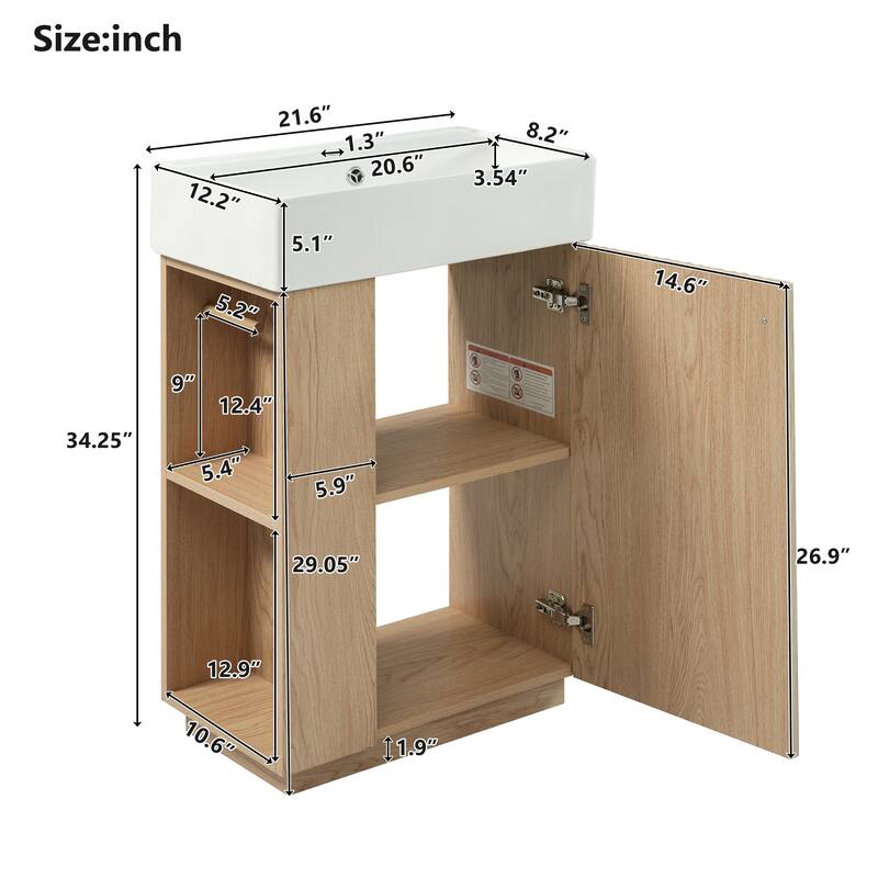 21.6" Modern Bathroom Vanity with Ceramic Sink - Freestanding Wood Grain Cabinet with Open & Closed Storage for Small Spaces