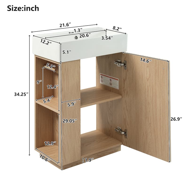 21.6 Inch Bathroom Vanity Ceramic Sink Freestanding Right Door Wood Grain Small Bathrooms