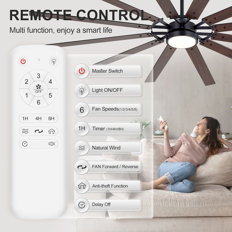 72"/80" Large Windmill Ceiling Fan with Light and Remote(12 Reversible Blades)
