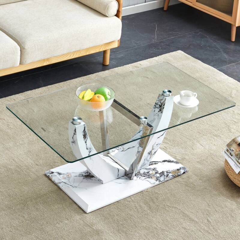 glass coffee table with marble patterned MDF legs and stainless steel decorative columns - Transparent
