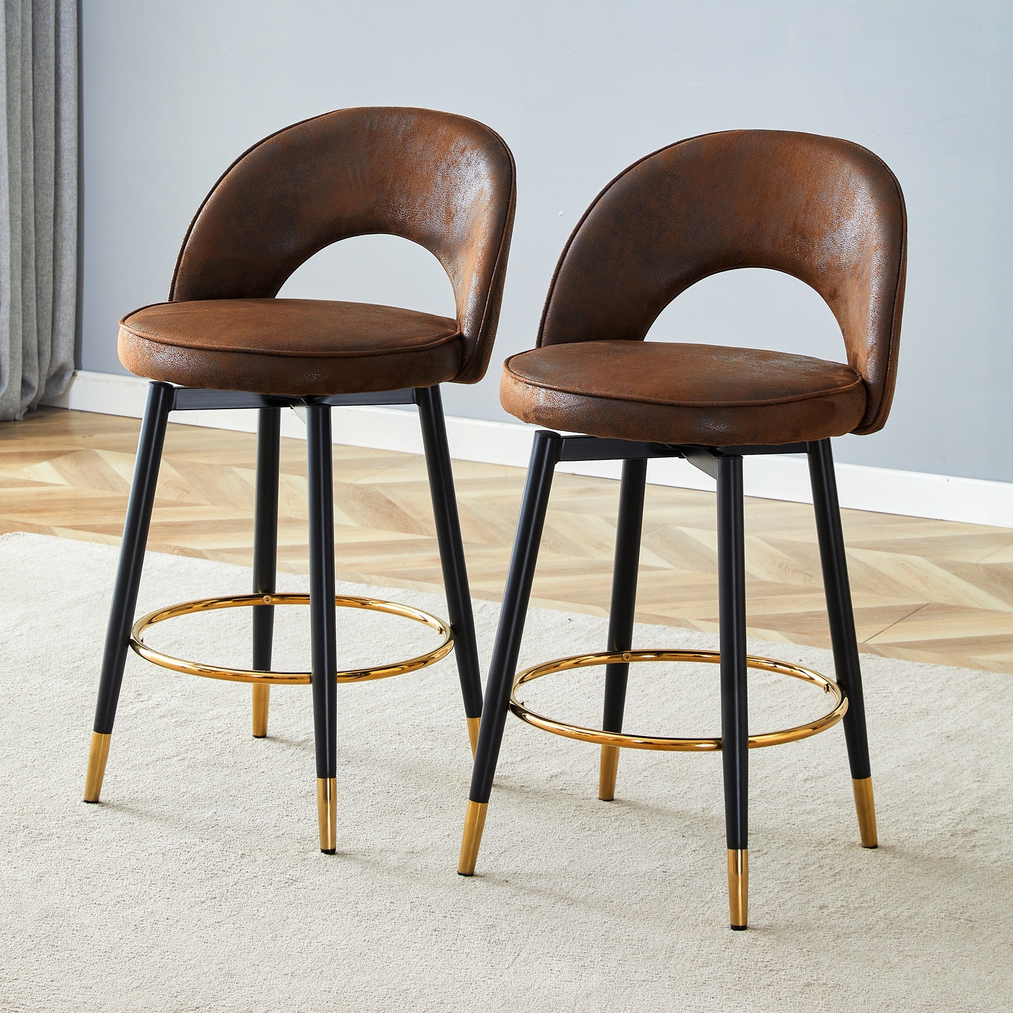 Roomfitters 360-Degree Swivel Brown Tech Fabric Bar Chairs, Upholstered Counter Stools, Black Metal Leg, Set of 2 Bar Seating
