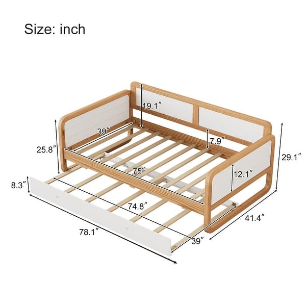 U-shape Daybed Twin Size Bed Solid Wood Frame Sofa Bed with Trundle Bed and Curved Guardrail for Adults, No Need Box Spring