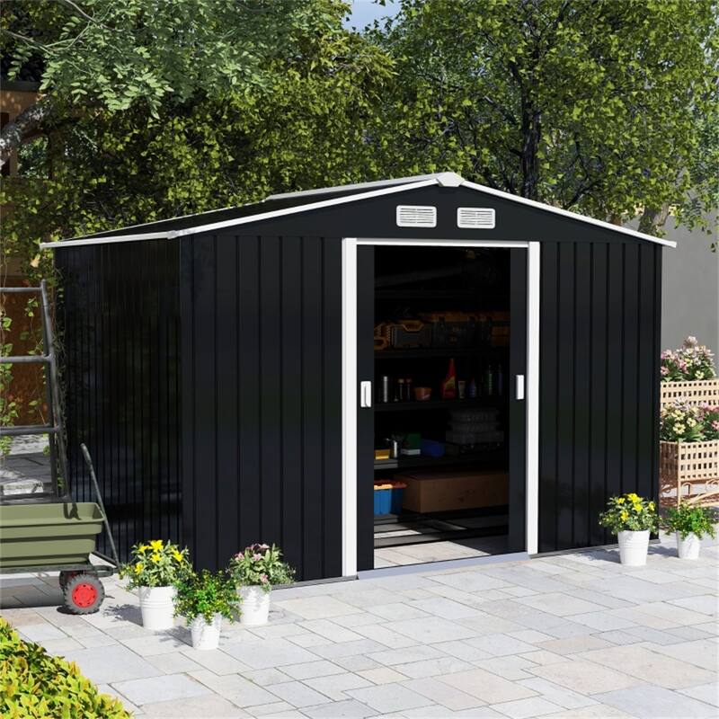 Large Galvanized Steel Garden Storage Shed with Sloped Roof and Ventilation Dark Gray 109 Inch - 109" L x 76.75" W x 75.5" H