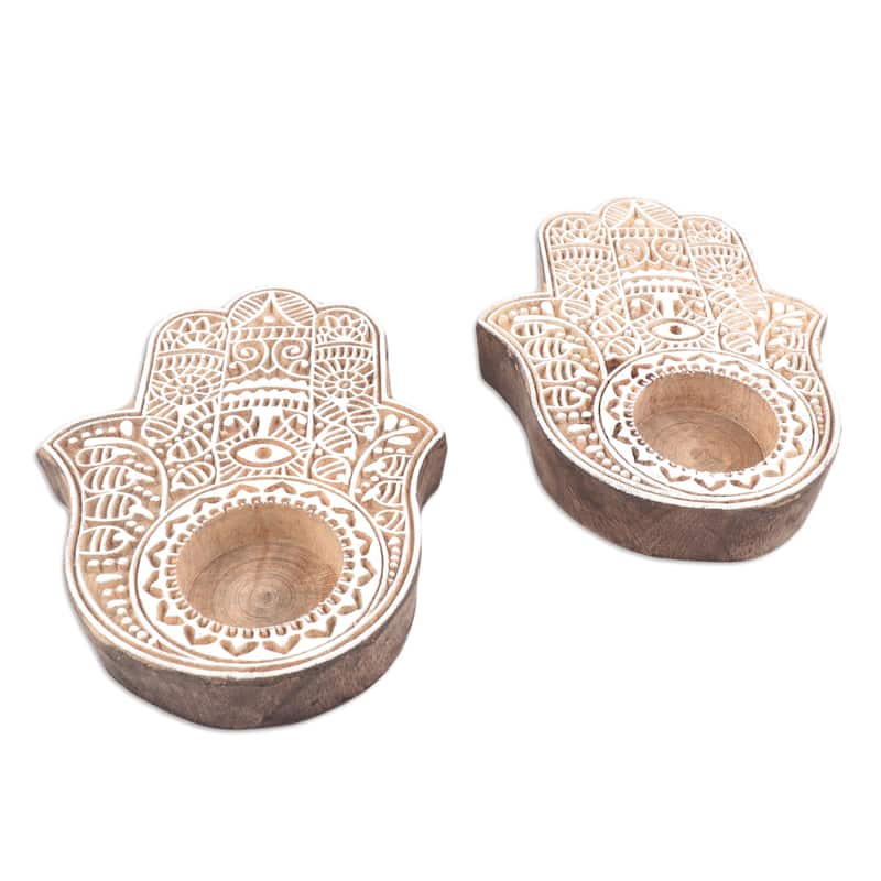 Novica Handmade Illuminated Hamsa Wood Tealight Candle Holders (Pair)