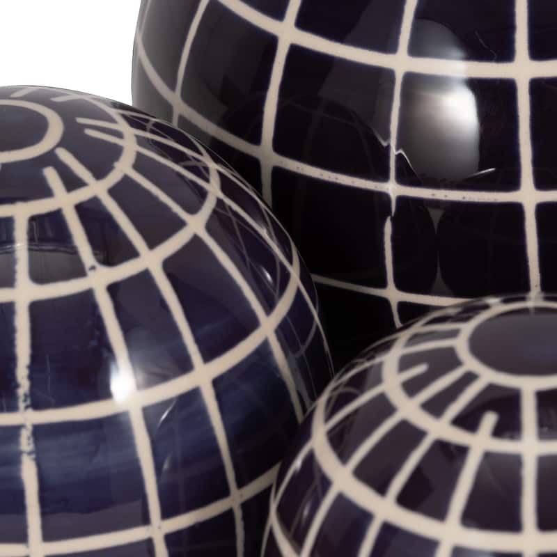 Sagebrook Home Blue Plaid Ceramic Decorative Orbs Set - 6" x 6" x 6"