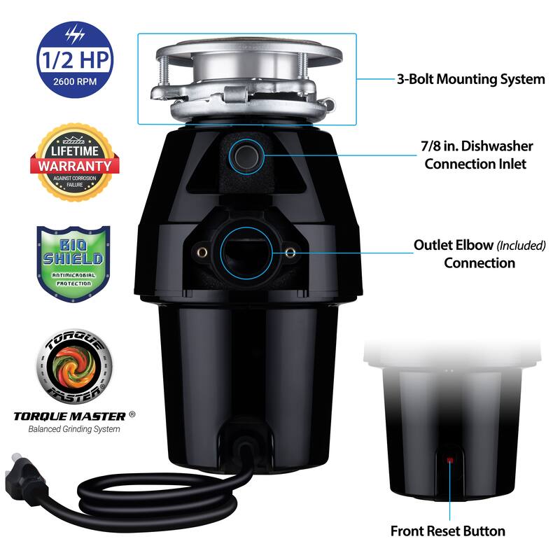 1/2 HP MidDuty Garbage Disposal with Attached Power Cord and Brushed