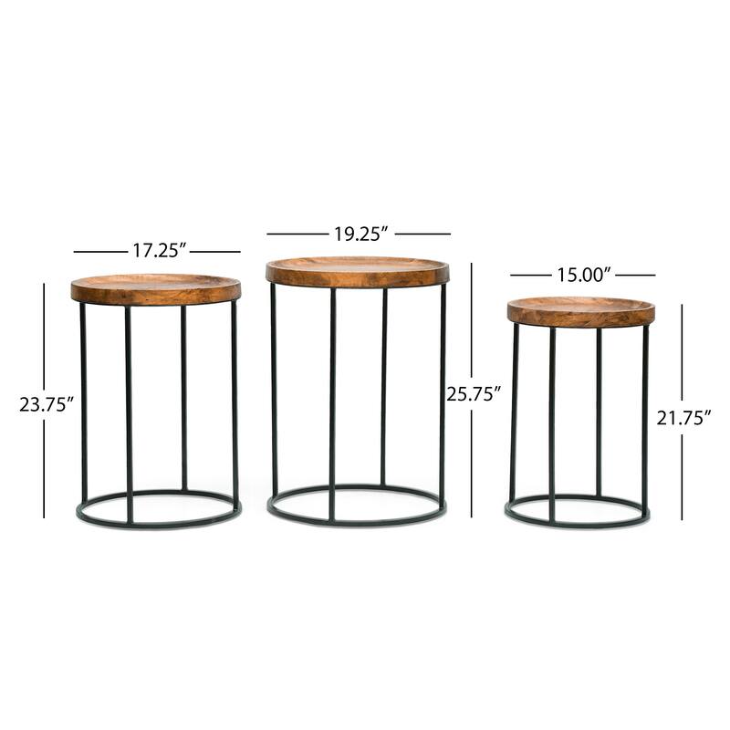 Roomfitters Industrial Nesting Side Tables, Solid Mango Wood Tops, Black Iron Base, Set of 3, Rustic and Modern Style