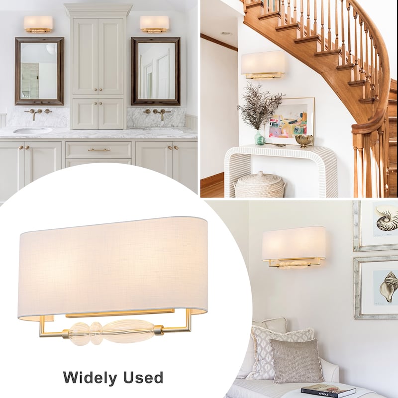 2-Light Wall Sconce Half-Open Linen Shade Striped Glass Globe Accent