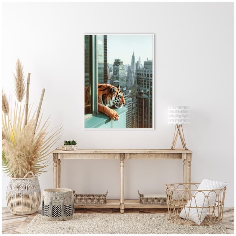 Kate and Laurel Sylvie Urban Tiger Overlooking Manhattan Framed Canvas by Michael Schauer