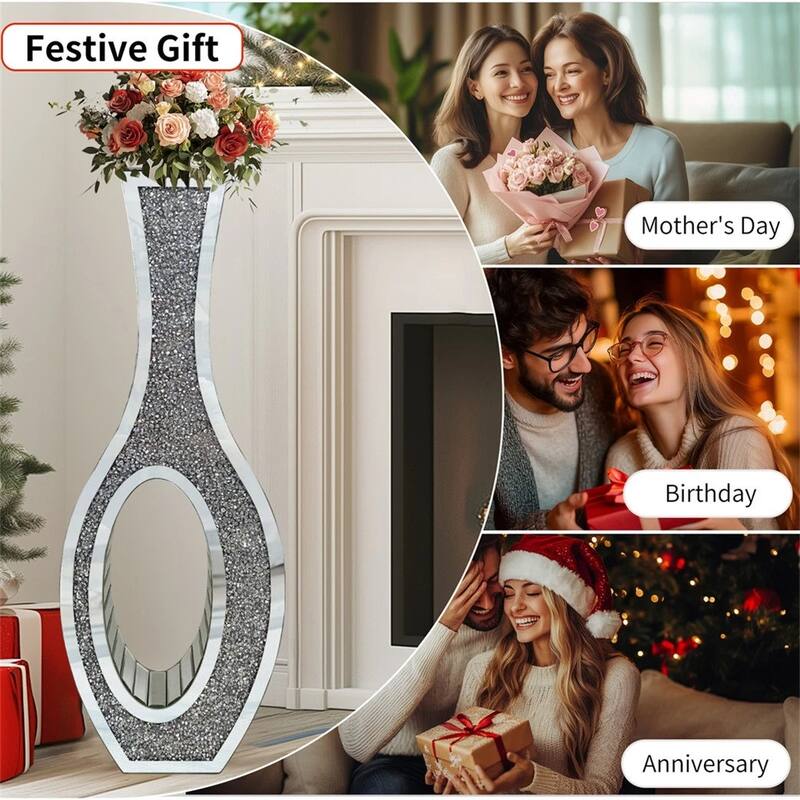 Tall Mirror Floor Vase with Silver Crystal Diamond Accents for Faux Flowers