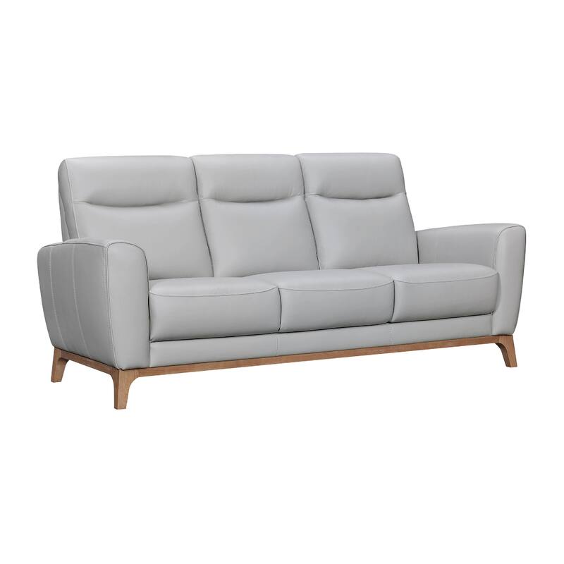 Reysa Sofa, Soft Dove Gray Leather Cushions, Brown Wood, 83 Inch