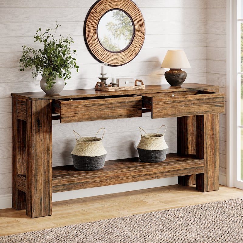 2-Tier Wooden Console Table with 2 Drawers for Entrance - / - Dark Brown
