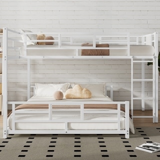 Elegant Twin over Full Size L-Shaped Metal Bunk Bed Solid Safety Guardrail Bed, No Box Spring Required