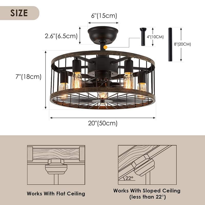 20 in. Low Profile Ceiling Fan Light Modern Farmhouse Wood Finish Caged Ceiling Fan with Light and Remote