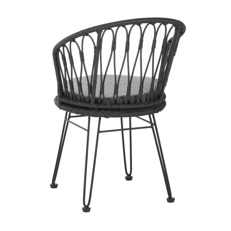 Roomfitters Set of 2 Boho Industrial Wicker Dining Chairs with Water-Resistant Cushions, Gray Rattan and Iron Hairpin Legs, Gray