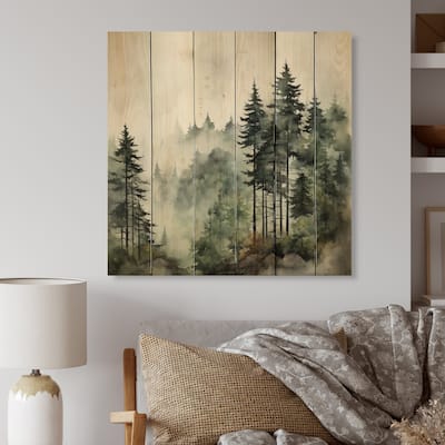 Designart "Pine Tree Misty Morning I" Landscapes Print on Natural Pine Wood