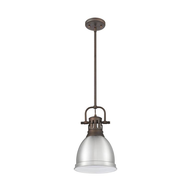 Yep by Golden Lighting Duncan 1-light 9in Rod Hung Pendant in Rubbed Bronze and Pewter shade