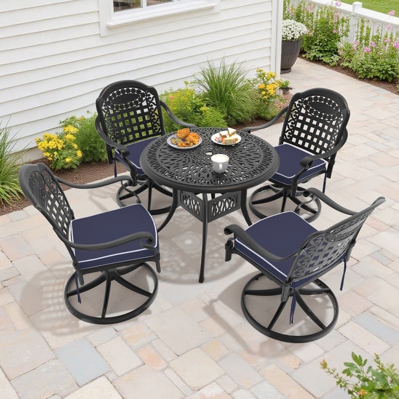 5-Piece Aluminum Round Outdoor Patio Dining Set, 4 Cushioned Swivel Chairs, Table, All-Weather Frames