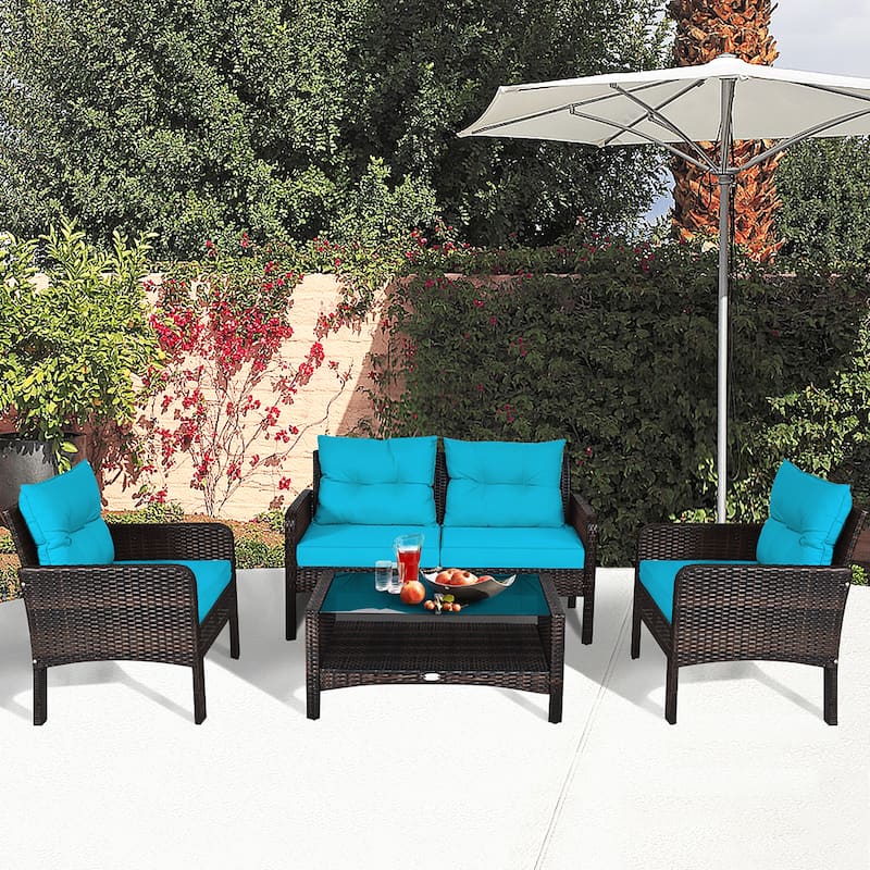 4PCS Patio Rattan Conversation Furniture Set Outdoor Wicker Sofa Set