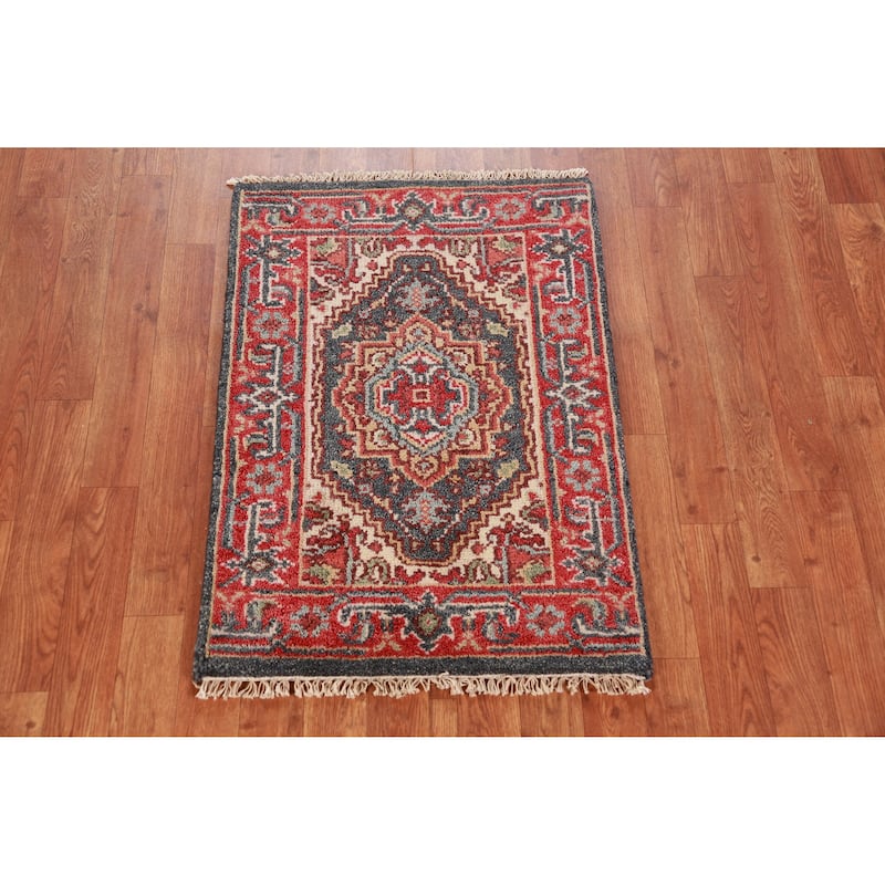 Hand Knotted Oriental 100% Wool Carpet Traditional Medallion Greys & Charcoal Heriz (serapi) Area Rug - 3' 0'' X 2' 0''
