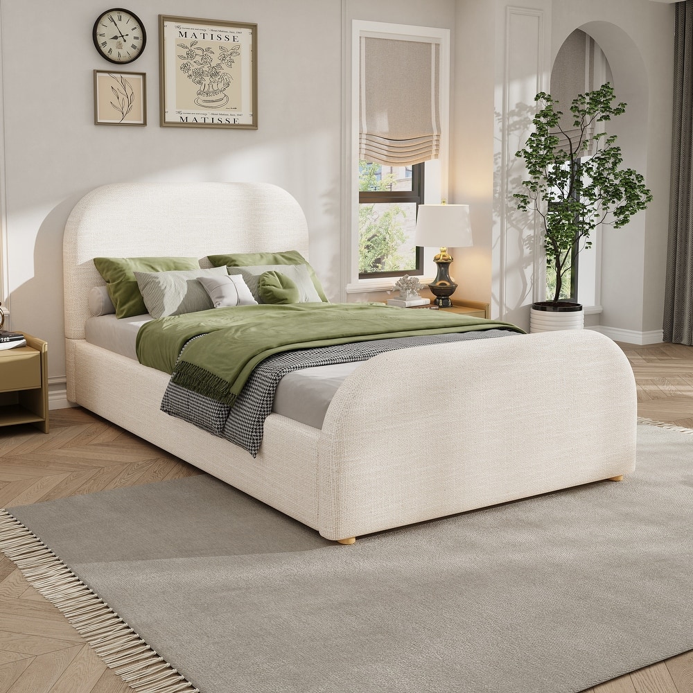 Beige Linen Upholstered Bed Curved Headboard Wingback Frame Low Profile Platform Bed