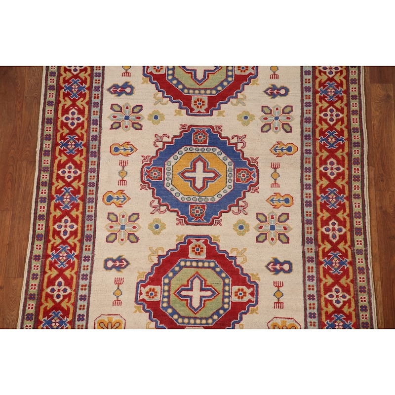Geometric Kazak Area Rug Handmade Traditional Beige Wool Carpet - 4'0" x 5'10"