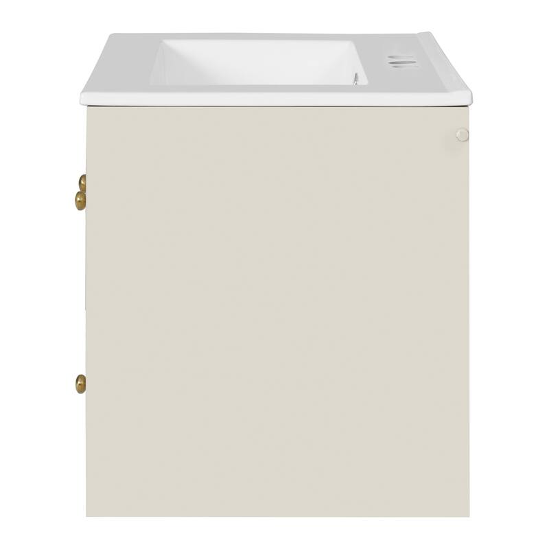 24" Wall-Mounted Bathroom Vanity with Ceramic Sink Combo, Floating Bathroom Storage Cabinet with Glass Doors & 2 Drawers