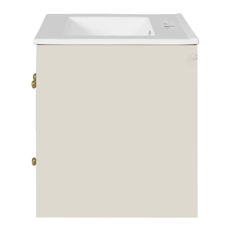 Floating Bathroom Vanity Wall Mounted Translucent Stripe Glass Doors Storage Cabinet with 2 Drawers and Gold Knobs