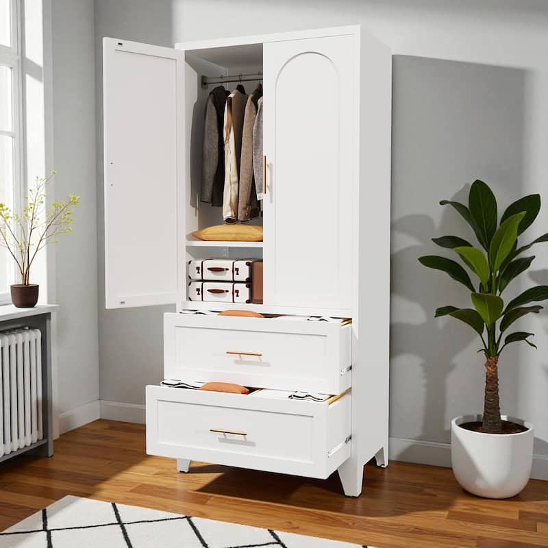 71" Metal Wardrobe Cabinet with Drawers and Hanging Rod, Steel Storage Closet with Shelf for Bedroom, Office & Entryway