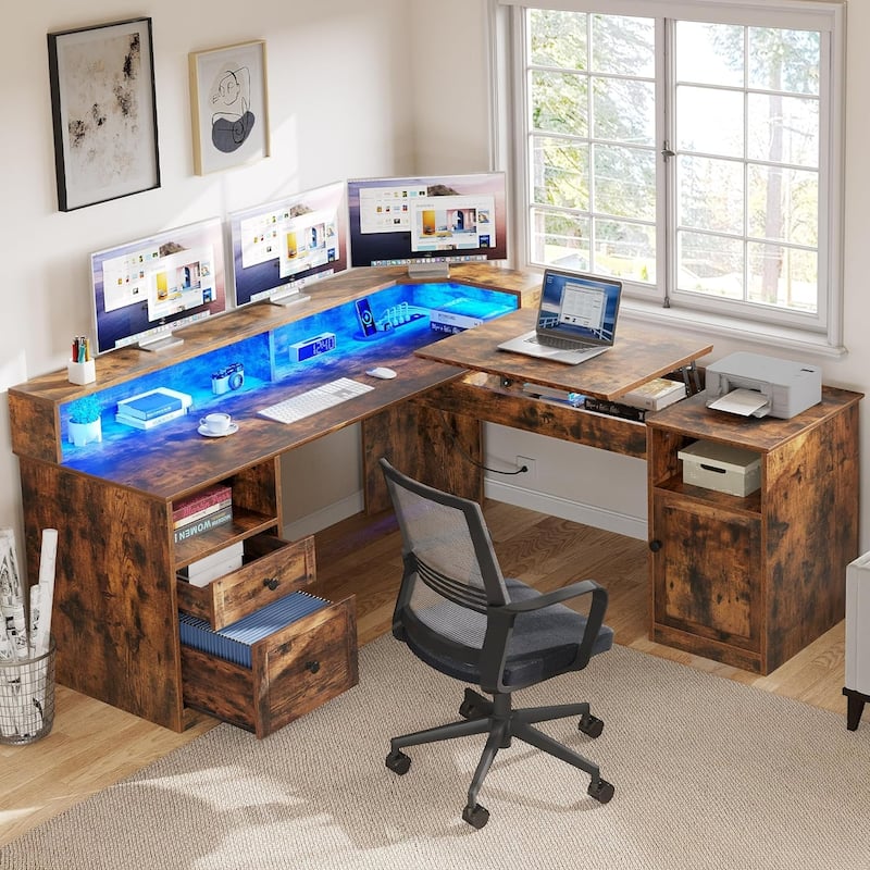 Moasis 59" L Shaped Desk Corner LED Computer Gaming Desk with File Cabinet and Lift Table Top