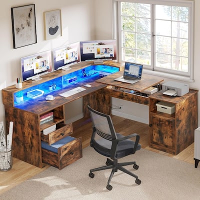 Moasis 59" L Shaped Desk Corner LED Computer Gaming Desk with File Cabinet and Lift Table Top