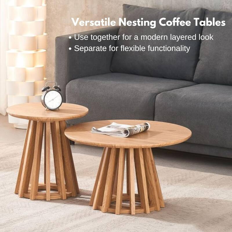 Mid-Century Round Nesting Coffee Table Set of 2 Blonde Wood Finish - 24x14 16x17