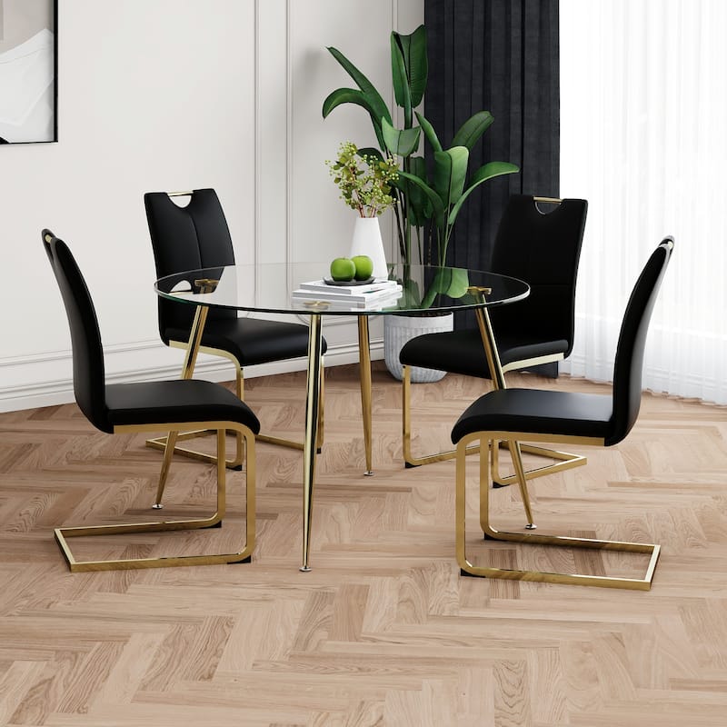 47.2" Luxury Glass Dining Table Set for 4, Circle Kitchen Table with 4 PU Chairs, 5-Piece Modern Dining Table and Chair Set