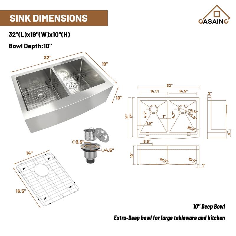 32 in. Undermount Double Bowl 18 Gauge Brushed Stainless Steel Kitchen Sink with Bottom Grid and Basket Strainer