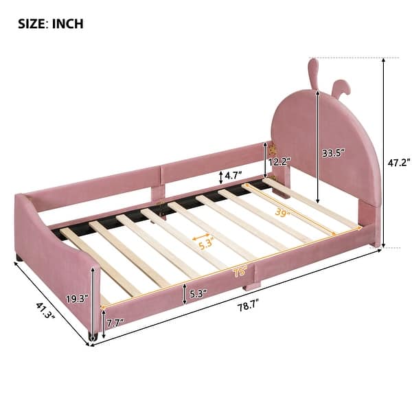 Twin Size Upholstered Daybed with Rabbit Ear Shaped Headboard, Velvet Platform Bed Frame for Girls-No Box Spring Required, Pink