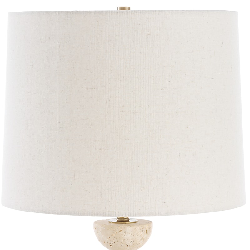 Buffet Lamp with Two Travertine Half Spheres - 36.5" - Brass Finish