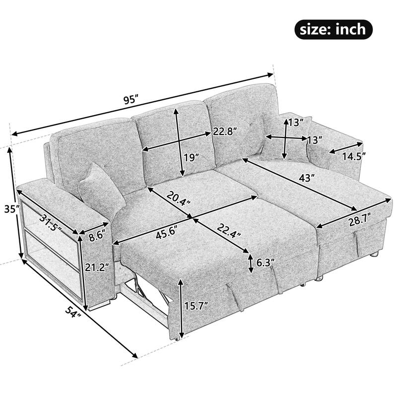95" Pull-Out Sleeper Sofa w/ Side Shelf & 2 Stools, Storage Chaise