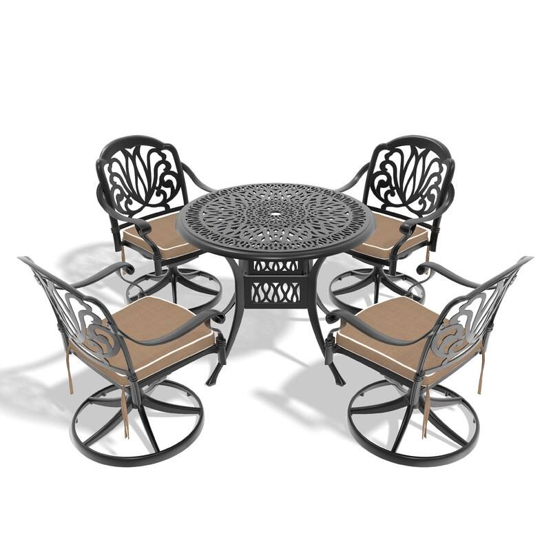 5-Piece Aluminum Round Outdoor Patio Dining Set, 4 Cushioned Swivel Chairs, Table, All-Weather Frames