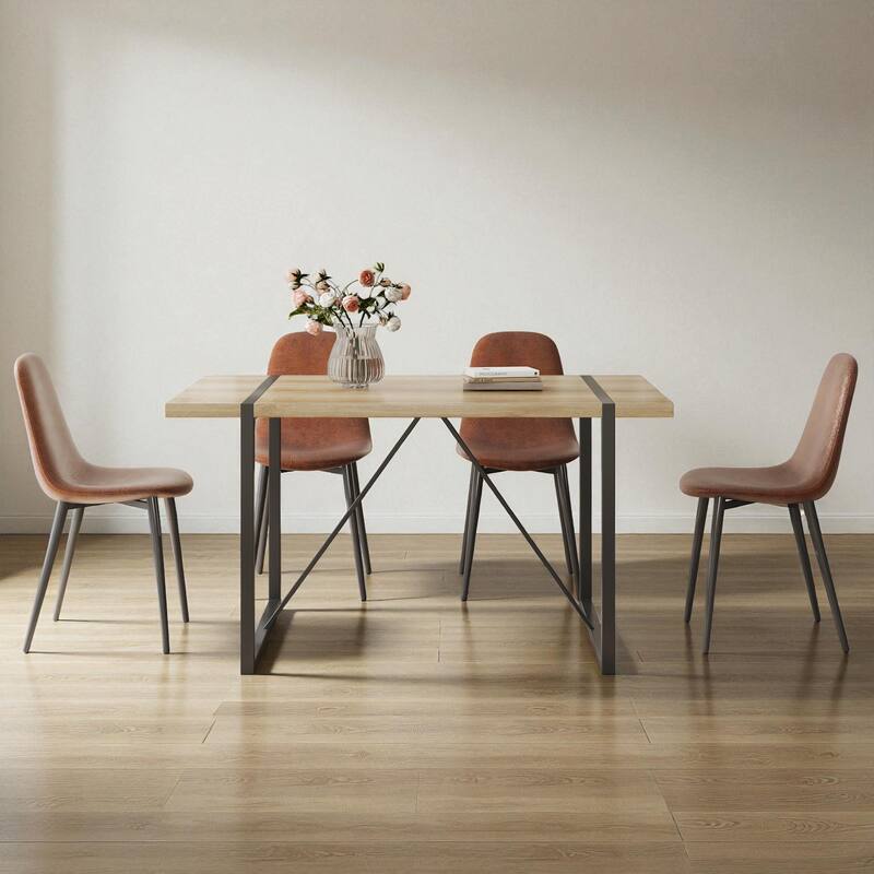 5-Piece Modern Medieval Dining Table Set with 4 Upholstered Chairs, Rustic Industrial Wood Dining Table for Dining Room